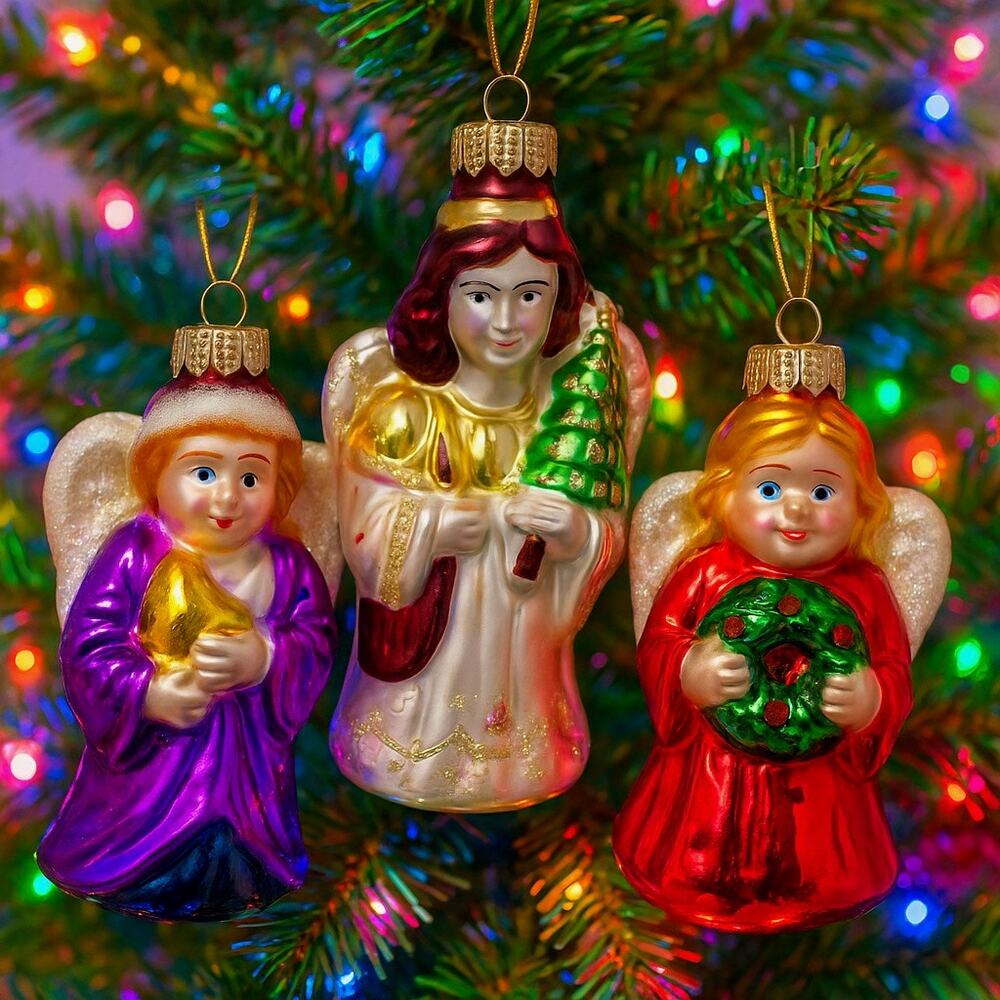 Vintage LB Handblown Glass Christmas Tree Angel Ornaments (3) Multicolor Gold